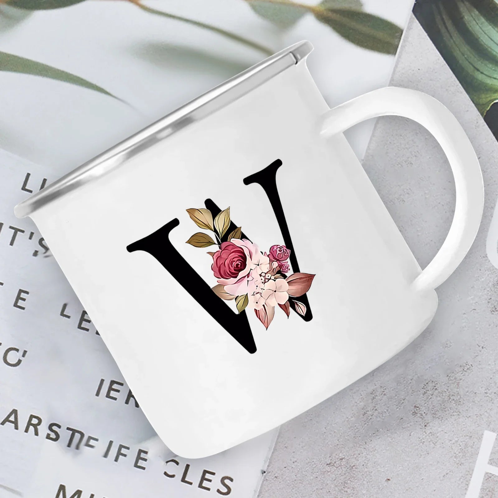 Cravinc 12oz Floral Letters Enamel Coffee Mug with Handle for Camping and Travel