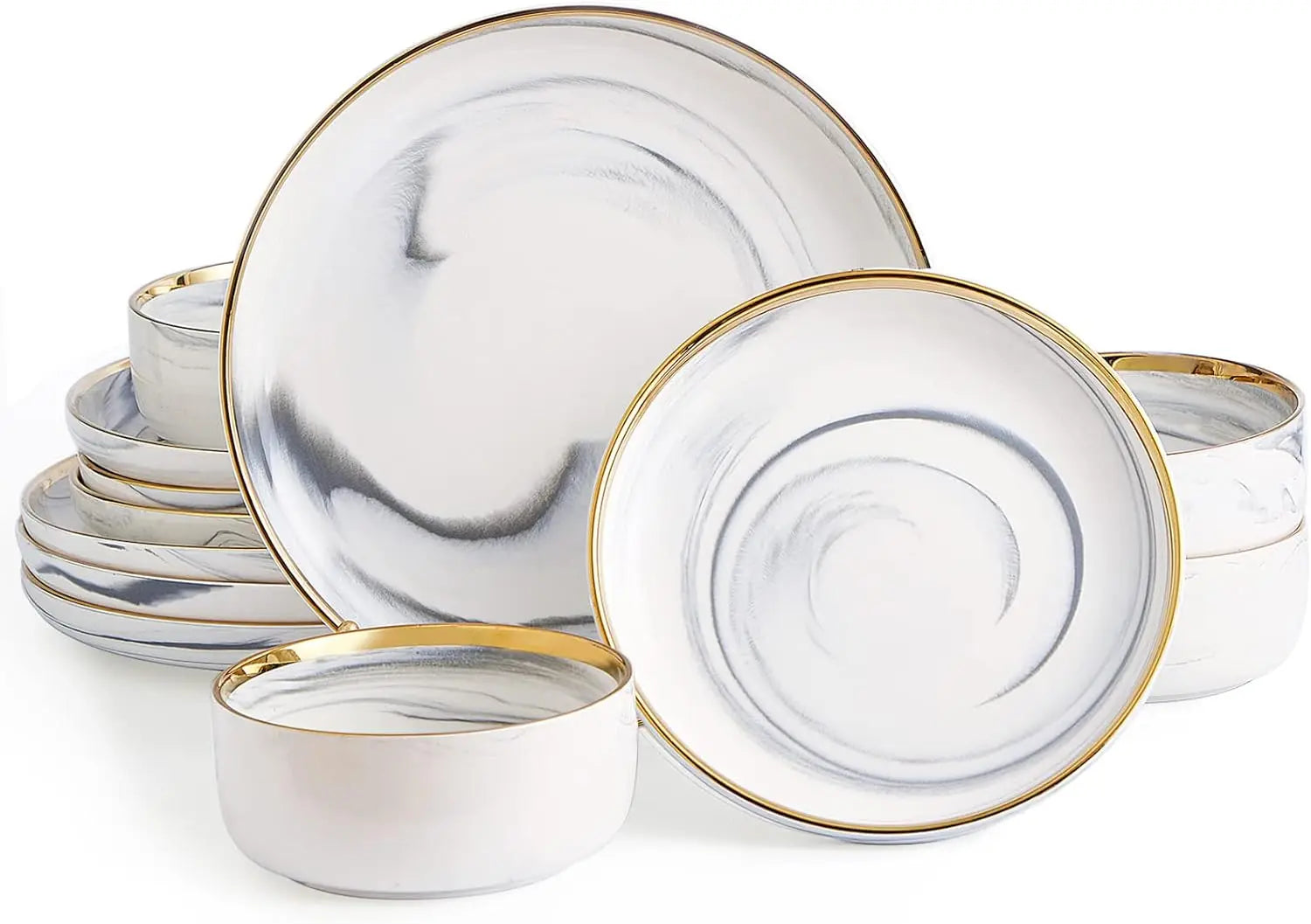 Cravinc 12-Piece Gold Splash Marble Porcelain Dinnerware Set for 4