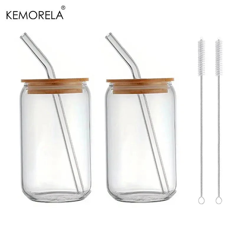 Cravinc 17oz Glass Drinking Cups Set with Glass Straw - 500ml Beer & Coffee Tumbler