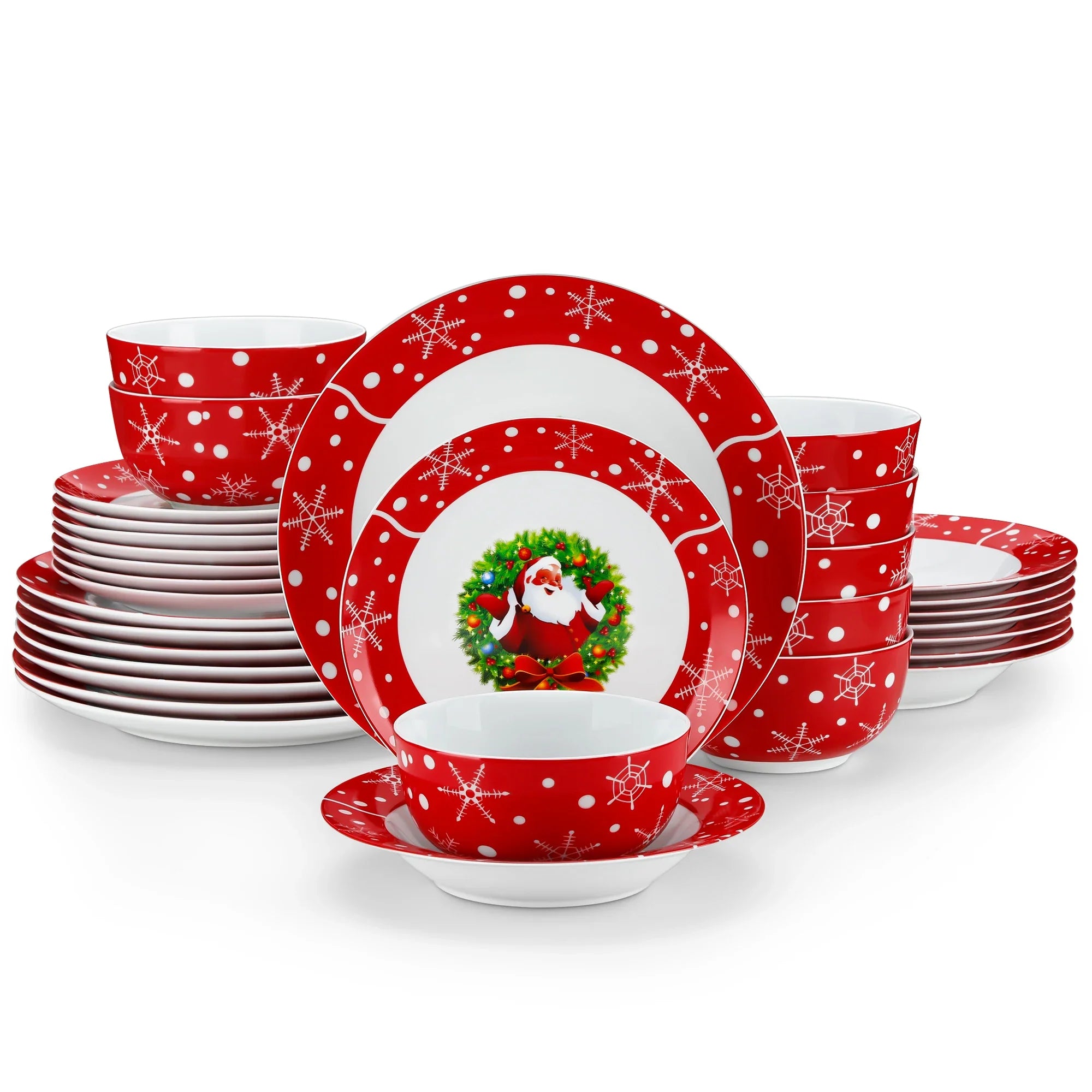 Cravinc 16/32 Piece SantaClaus Dinner Set for 4/8 with Plates, Bowls & Tableware