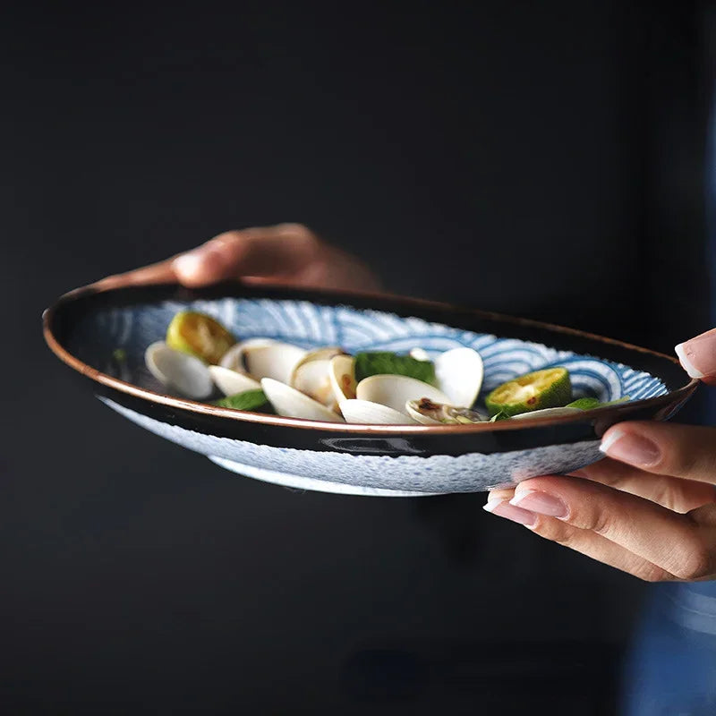 Cravinc 11" Sea Ripple Ceramic Fish Dish - Oval Porcelain Plate for Serving Fish & Salad