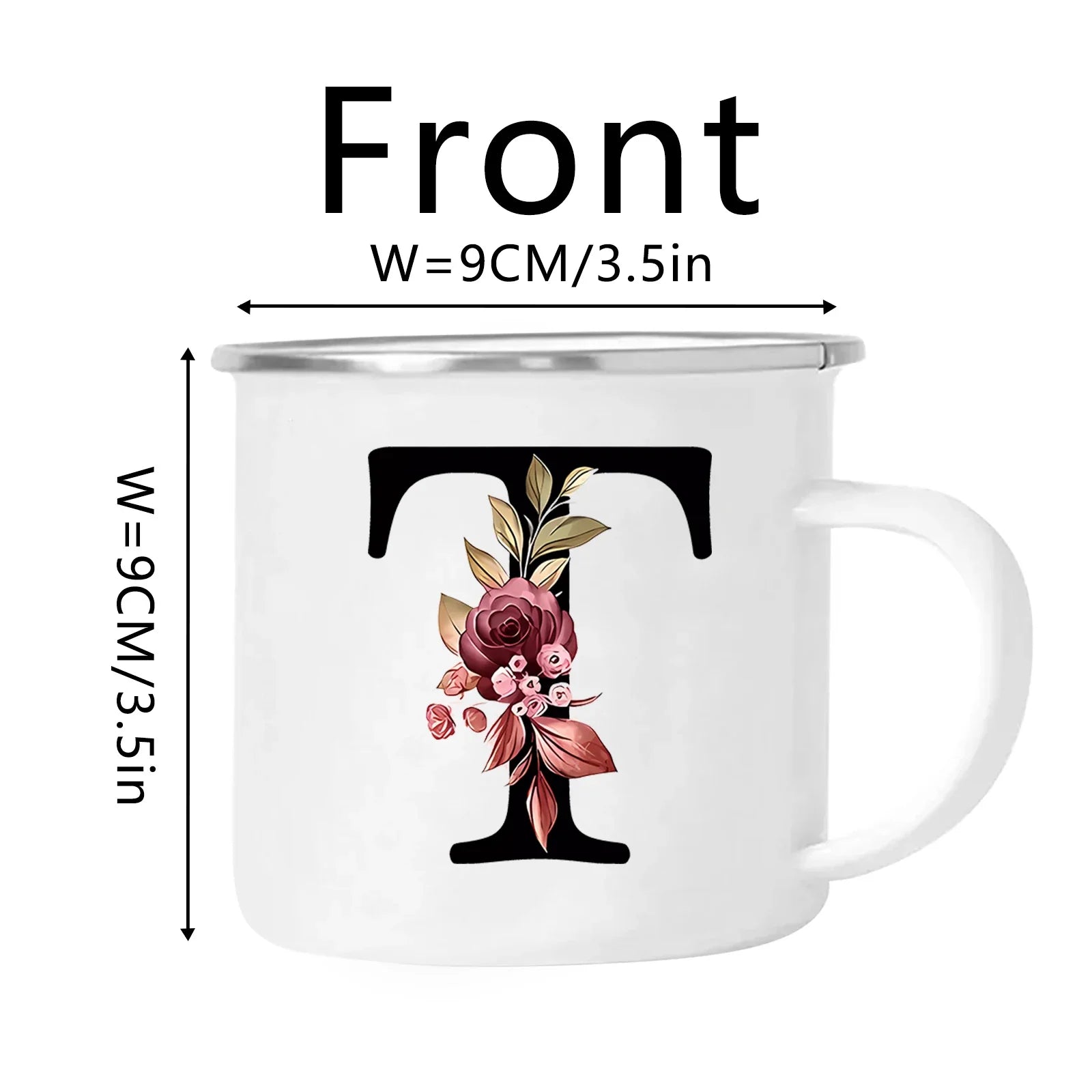 Cravinc 12oz Floral Letters Enamel Coffee Mug with Handle for Camping and Travel