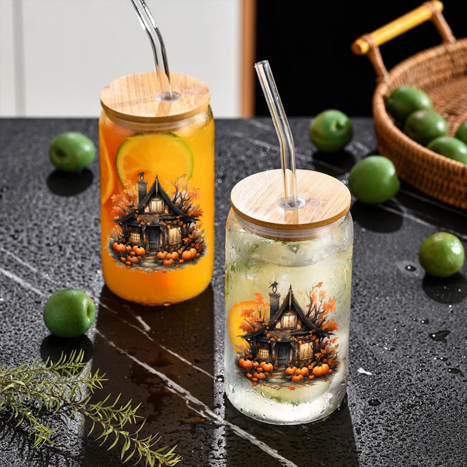 Cravinc 16oz Pumpkin House Glass Cup with Bamboo Lid & Glass Straw - Halloween Edition