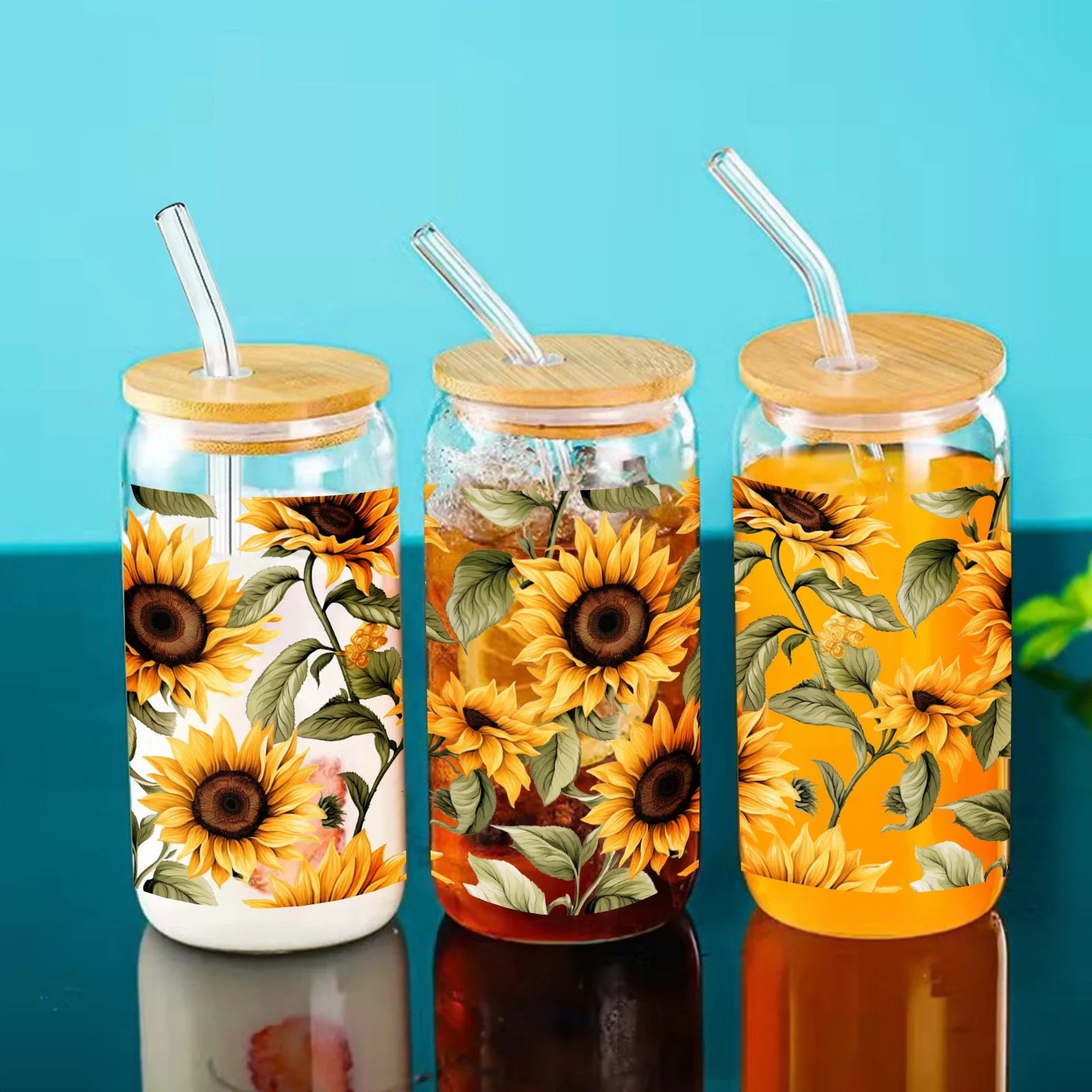 Cravinc 16oz Sunflower Pattern Glass Mason Jar with Bamboo Lid & Straw