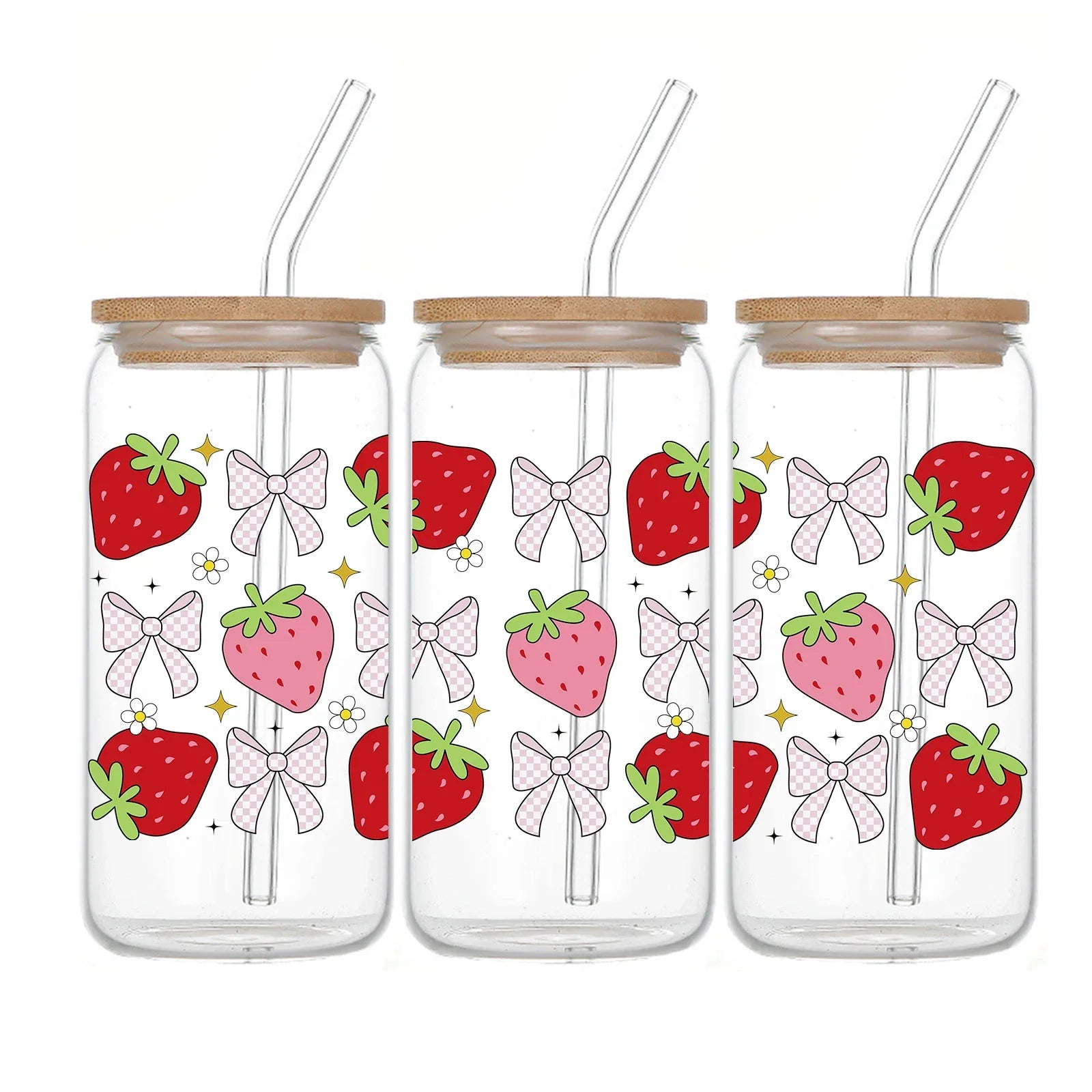 Cravinc 16oz Strawberry Bow Glass Tumbler With Bamboo Lid & Straw