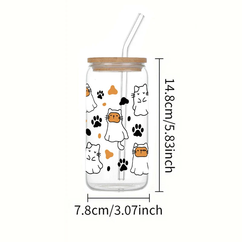 Cravinc 16oz Cute Cat Glass Mason Can with Bamboo Lid & Straw, Halloween Gifts