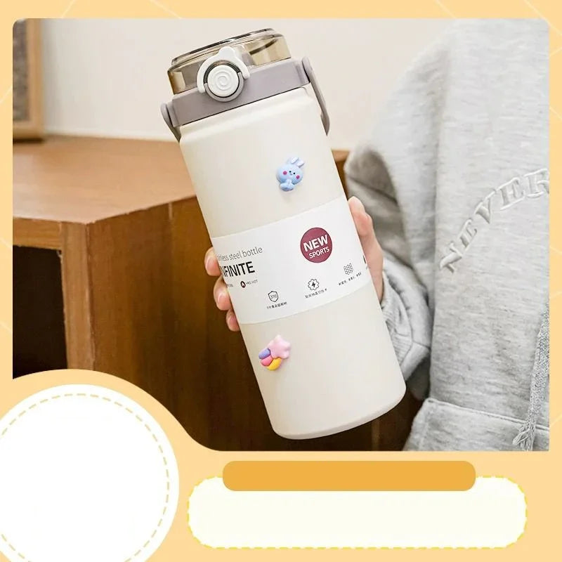 Cravinc 1000ml Stainless Steel Water Bottle with Lid, Straw, and Fashionable Design