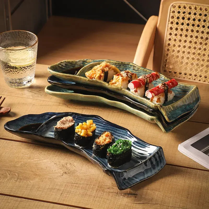 Cravinc 12-Inch Kiln Glaze Sushi Plate - Japanese Ceramic Tableware for Creative Sushi Display