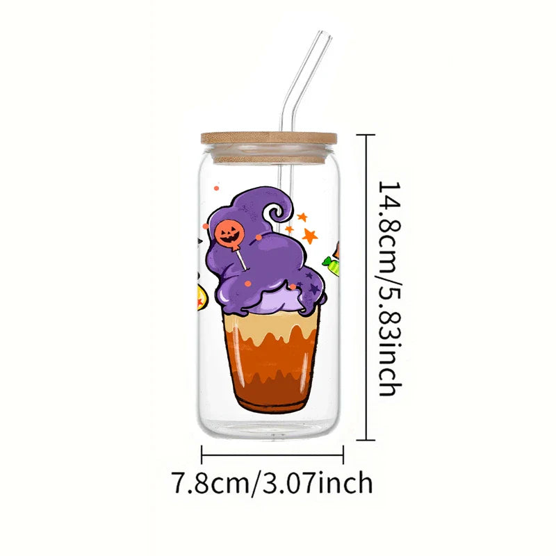 Cravinc 16oz Halloween Glass Cup Bamboo Lid Straw Set Heat-Resistant Juice Coffee Glass