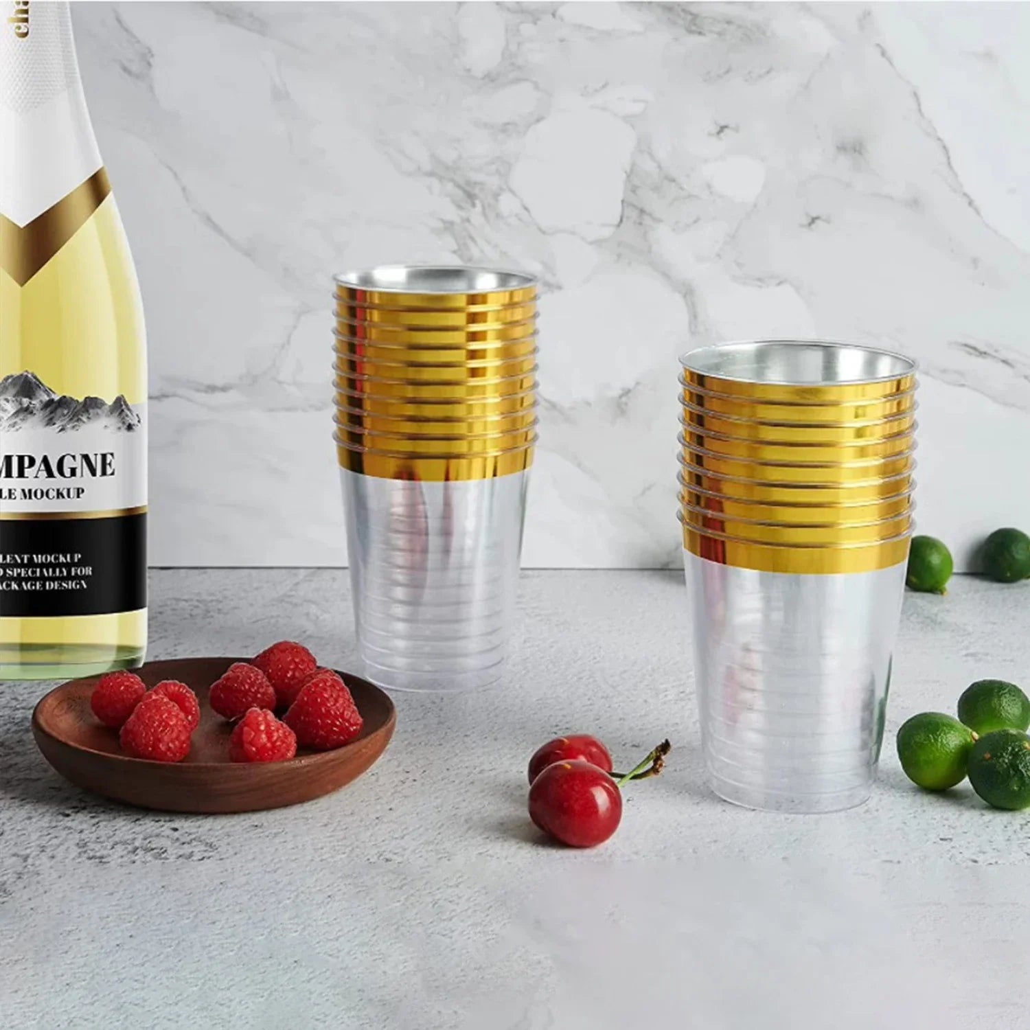 Cravinc 10oz Clear Golden Rim Plastic Cups – Elegant Disposable Tumblers for Weddings & Parties