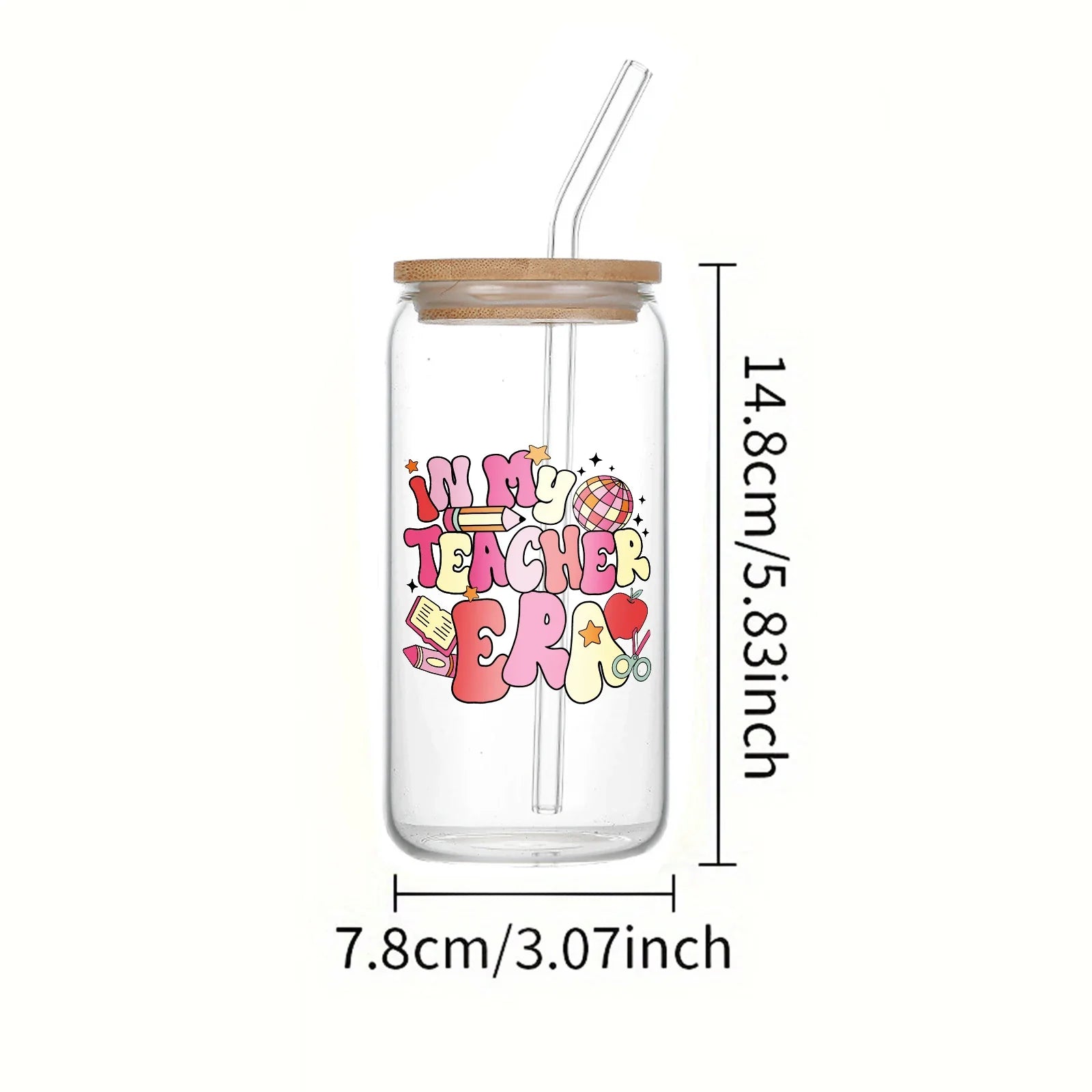 Cravinc 16oz Pink Letter Glass Bottle with Bamboo Lid and Straw - Teacher's Day Gift