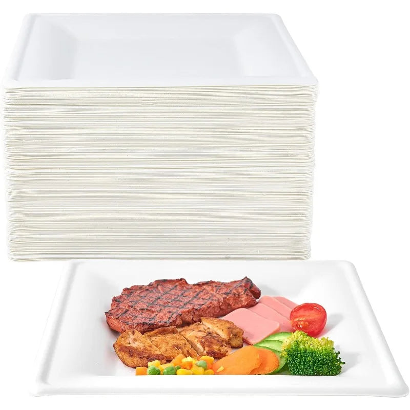 Cravinc 10" Compostable Square Paper Plates, Heavy Duty Biodegradable Disposable Plates