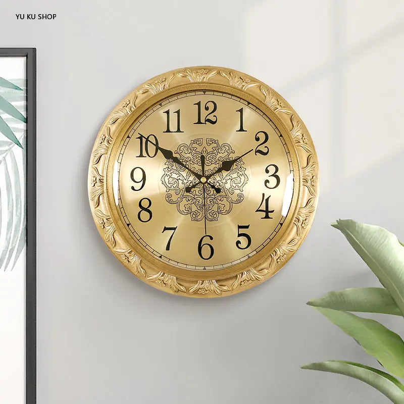 Brass Wall Clock with Relief Design - Cravinc Luxury American Style Home Decor