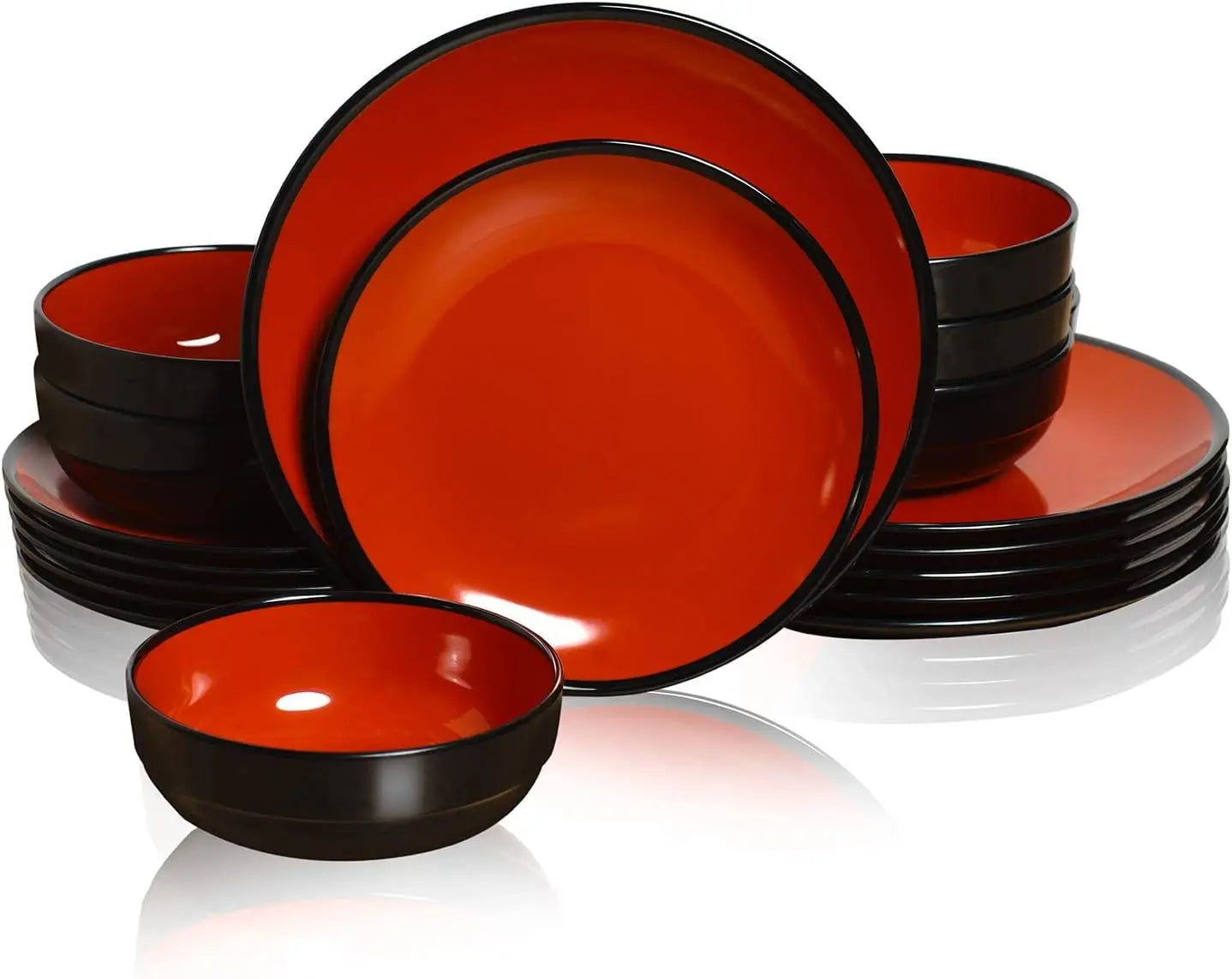 Cravinc 18-Piece Melamine Dinnerware Sets for 6, Red & Black