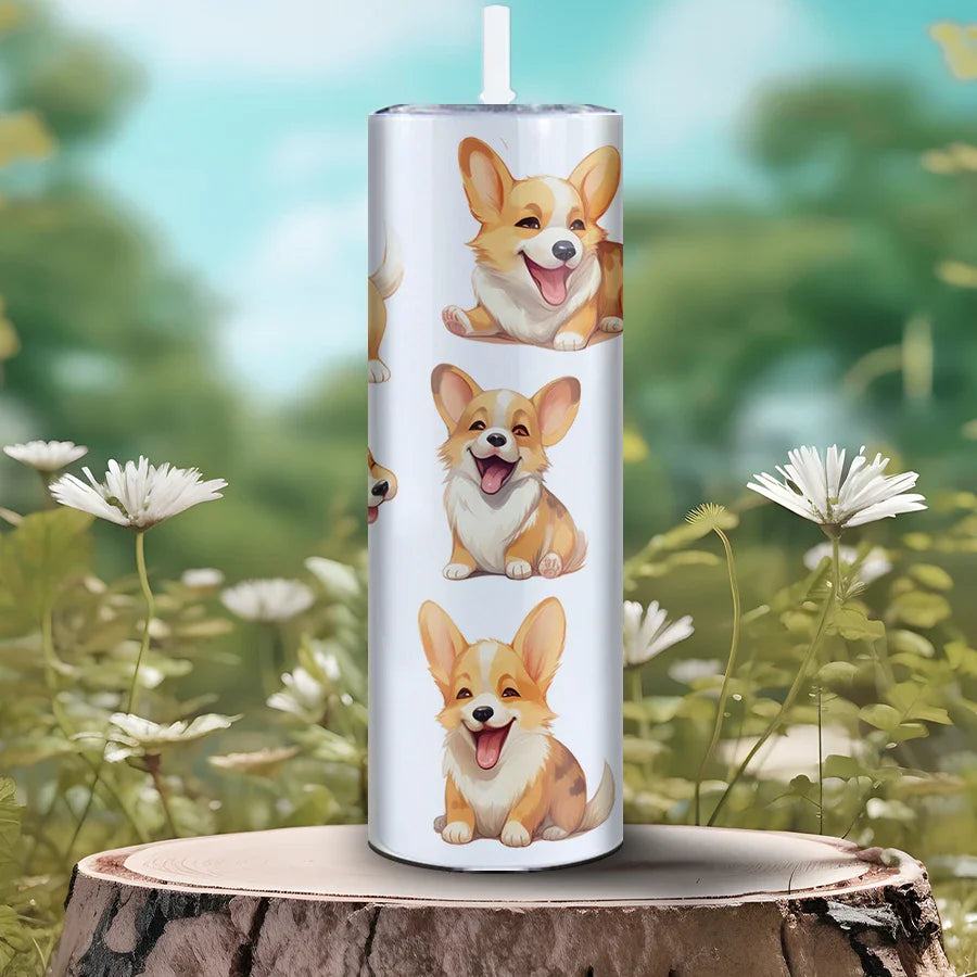 3D Corgi Puppy Stainless Steel Water Bottle with Lid and Straw by Cravinc – Cute and Durable!