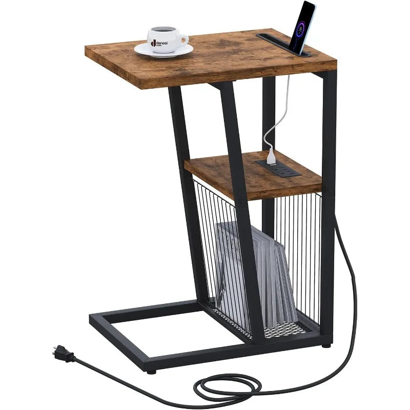 C-Shaped End Table with Charging Station, Phone Holder, 2 USB Ports and Power Outlets by Cravinc