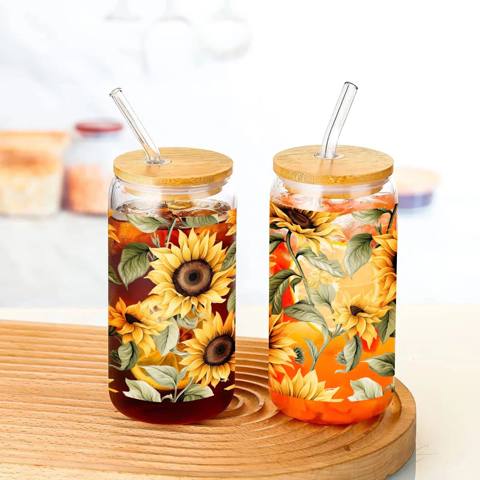 Cravinc 16oz Sunflower Pattern Glass Mason Jar with Bamboo Lid & Straw