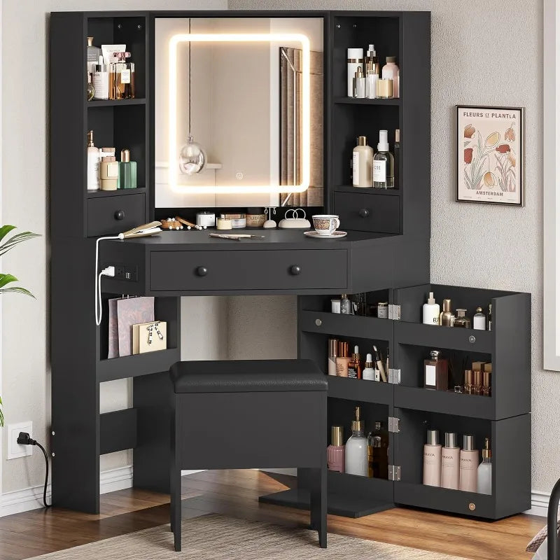 Corner Vanity Desk with Lights and Charging Station by Cravinc, Makeup Vanity Set with Mirror and Storage Stool