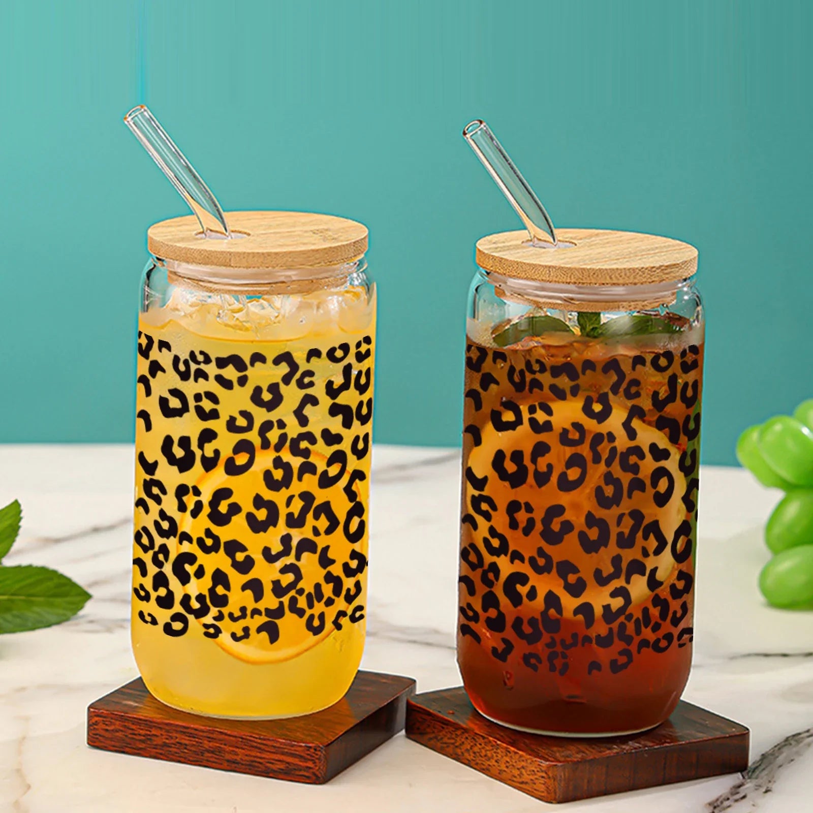 Cravinc 16oz Leopard Print Glass Bottle With Bamboo Lid