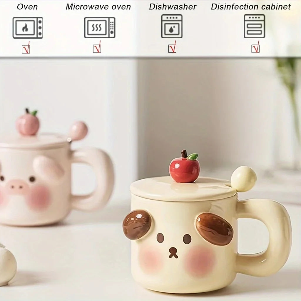 400ml Cravinc Pig Coffee Mug with Lid, Spoon | Cute Creative Breakfast Cup Gift for Home Office