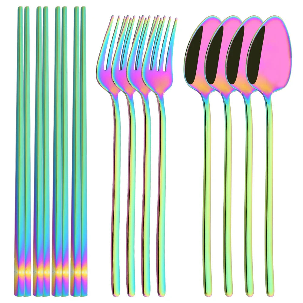 Cravinc 12Pc White Gold Stainless Steel Flatware Cutlery Set Sushi Sticks Dinnerware