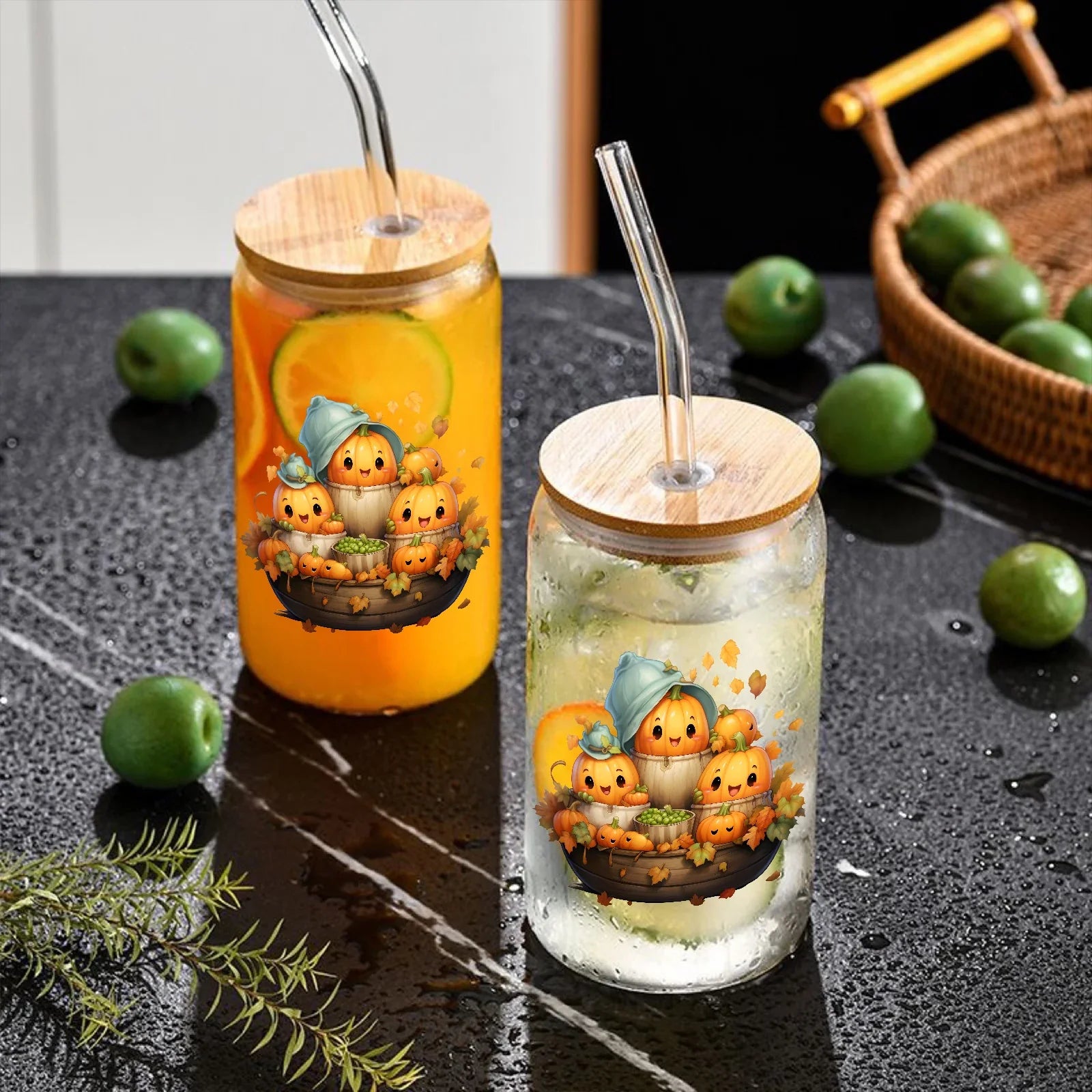 Cravinc 16oz Pumpkin Glass Cup With Lid & Straw - Halloween Gift