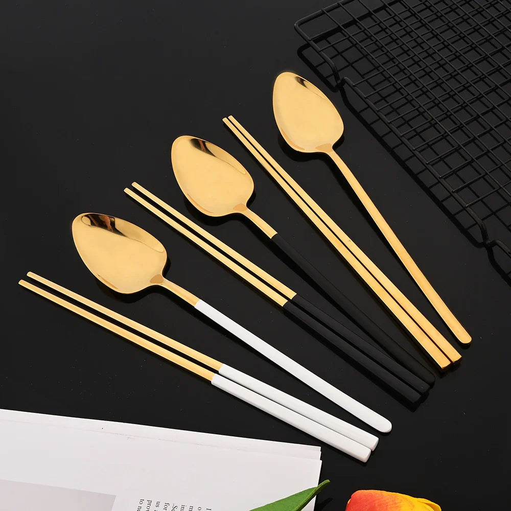 Cravinc 12Pc White Gold Stainless Steel Flatware Cutlery Set Sushi Sticks Dinnerware