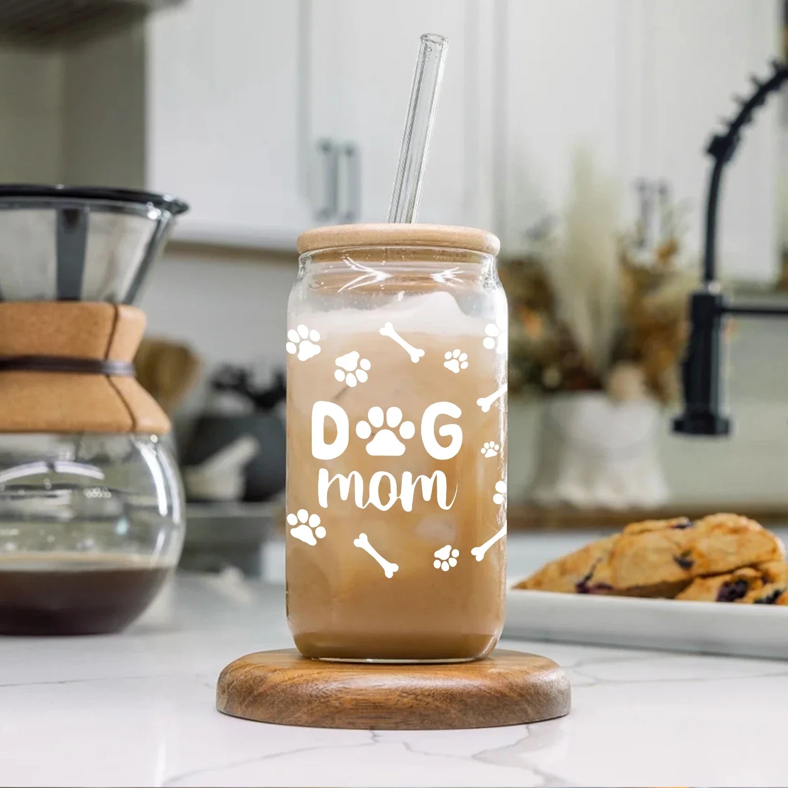 Cravinc 16oz Dog Mom Glass Cup with Lid & Straw - Perfect Gift for Dog Owners