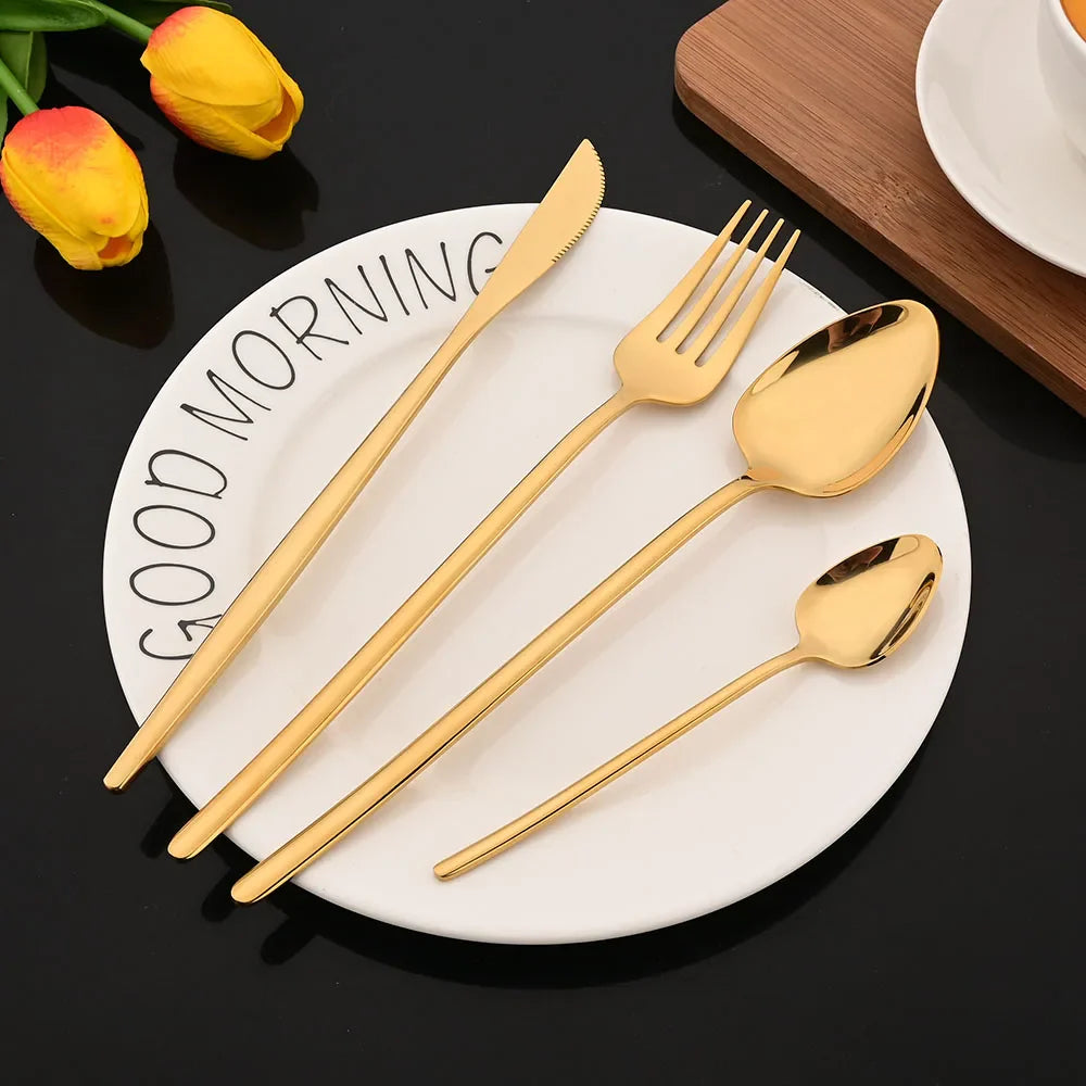 Cravinc 16-Piece Black Gold Stainless Steel Flatware Set