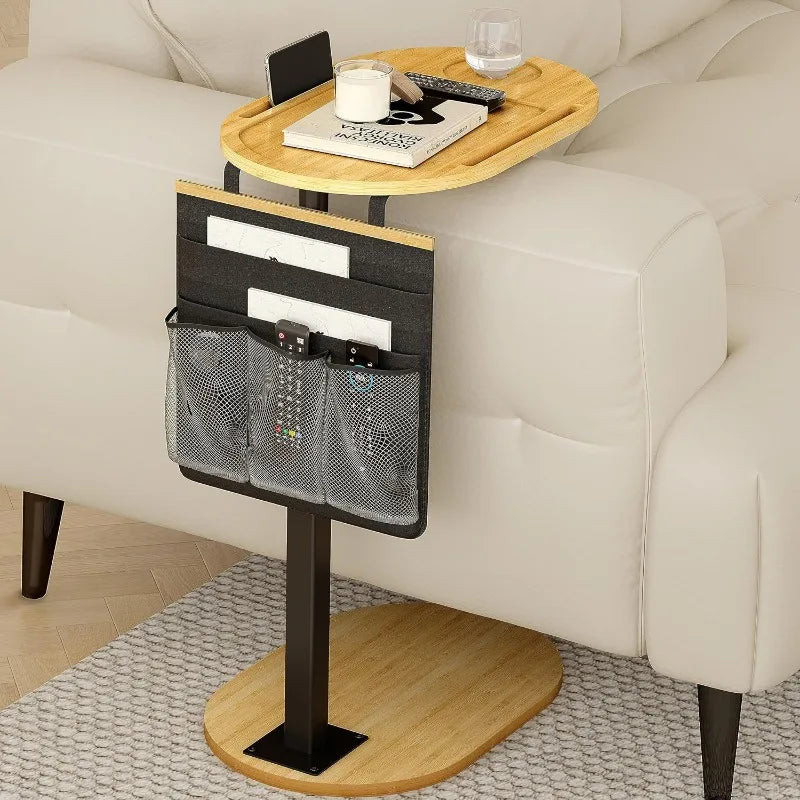 Bamboo C-Shaped End Table with 360° Rotating Phone Holder, Adjustable Height TV Trays