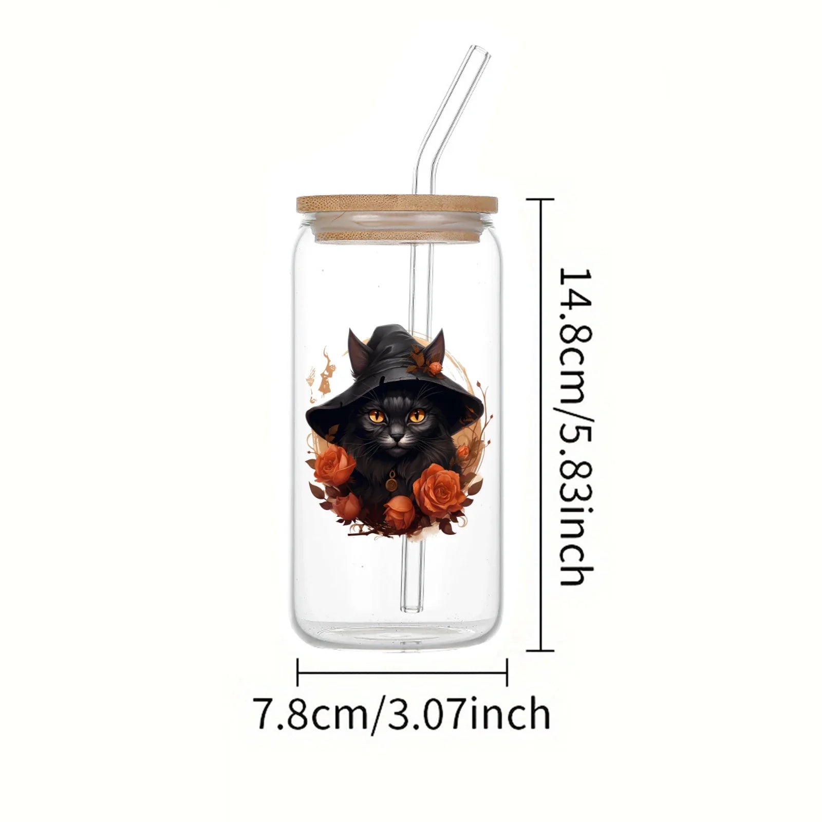 Cravinc 16oz Black Bat Glass Cup With Bamboo Lid & Straw