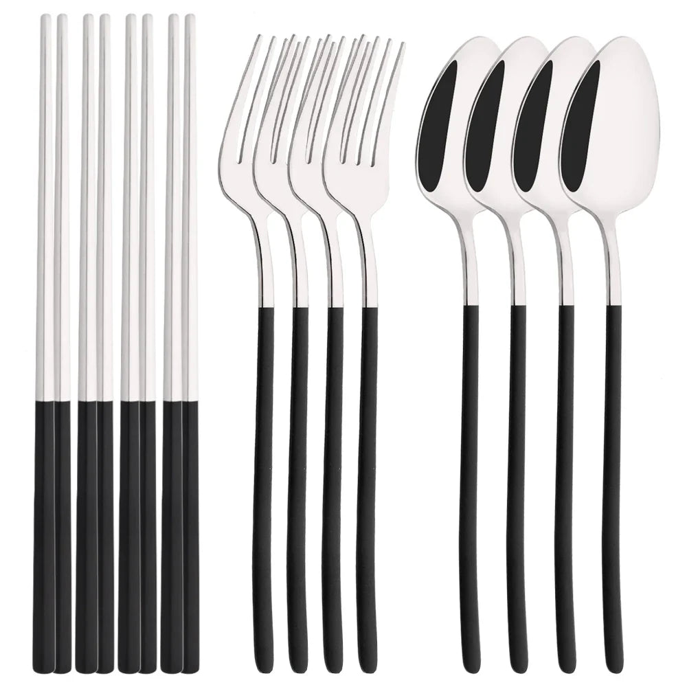 Cravinc 12Pc White Gold Stainless Steel Flatware Cutlery Set Sushi Sticks Dinnerware