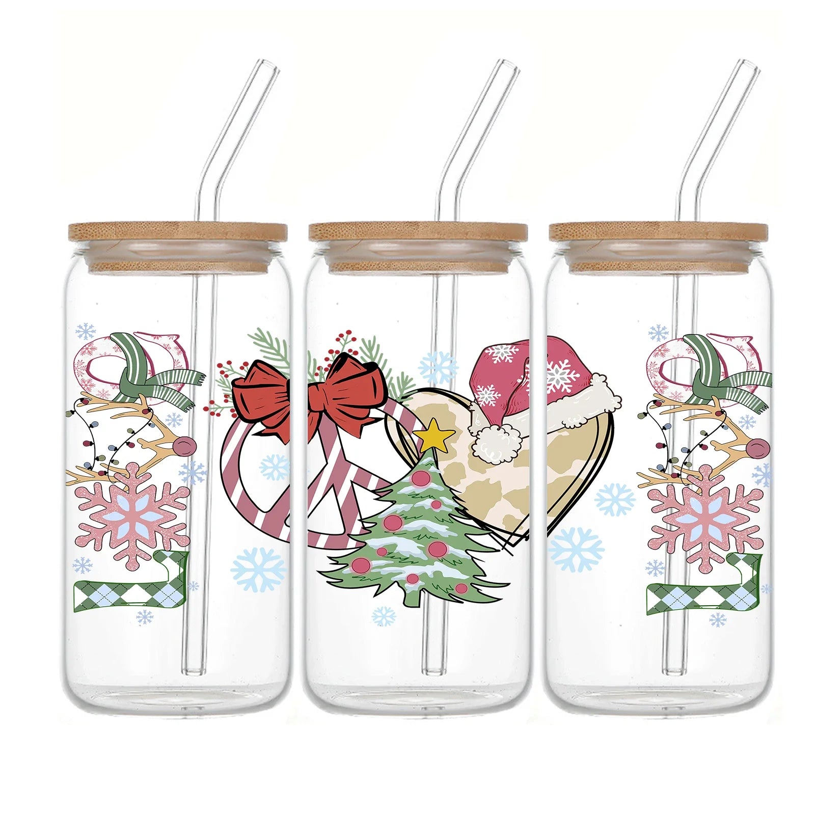 Cravinc 16oz Santa Elements Glass Can Wrap Cup Set With Bamboo Lid & Glass Straw