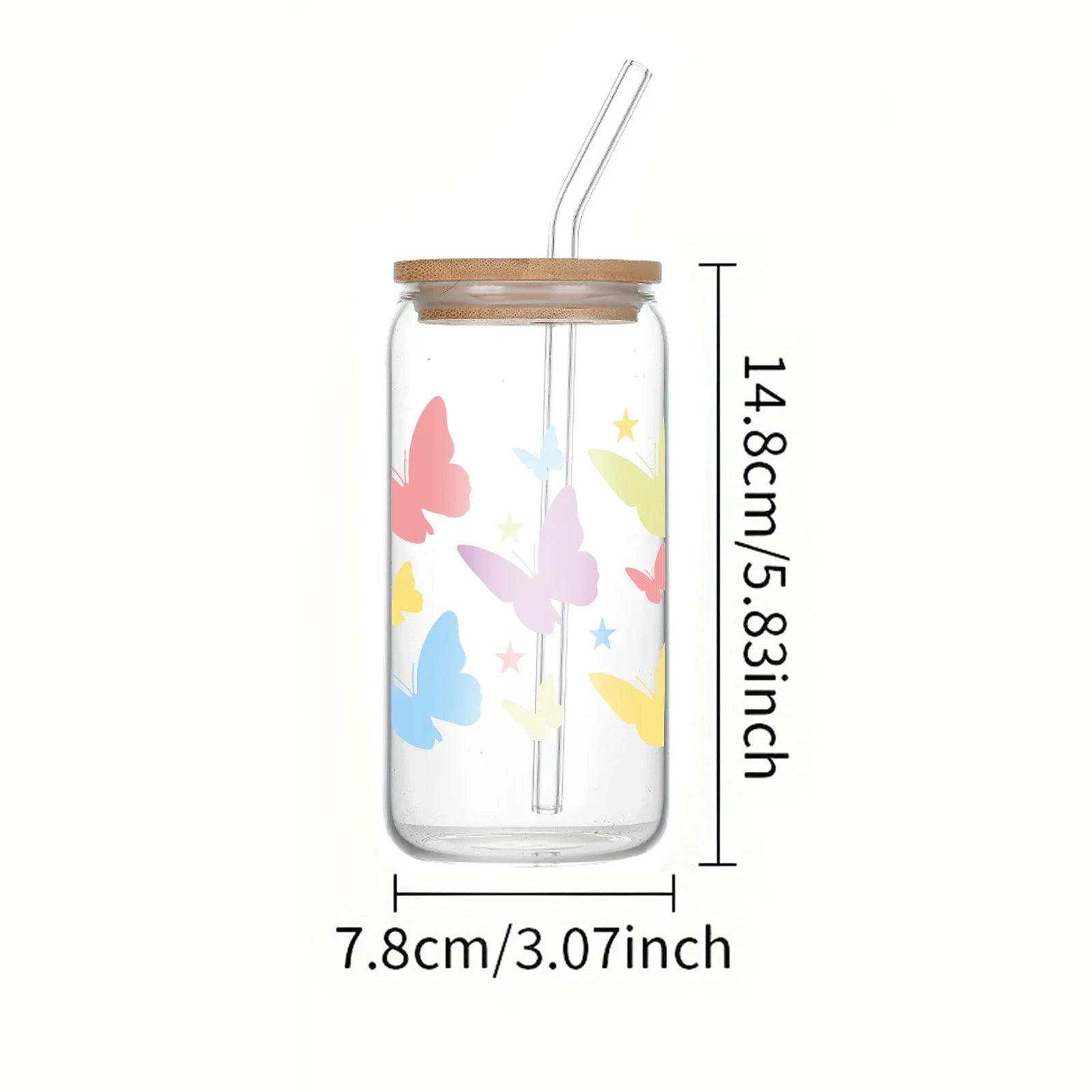 Cravinc 16oz Glass Can with Colorful Pattern, Bamboo Lid & Straw - Drinkware Bottle