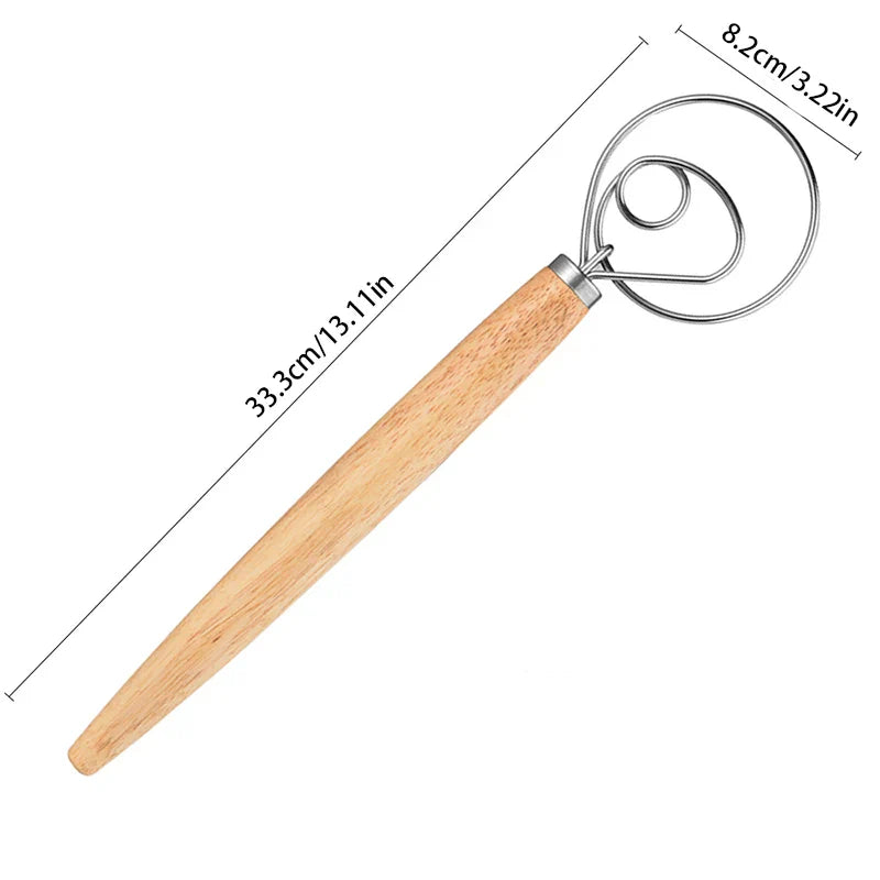 Cravinc 13" Danish Dough Whisk with Wooden Handle - Stainless Steel Bread Mixer