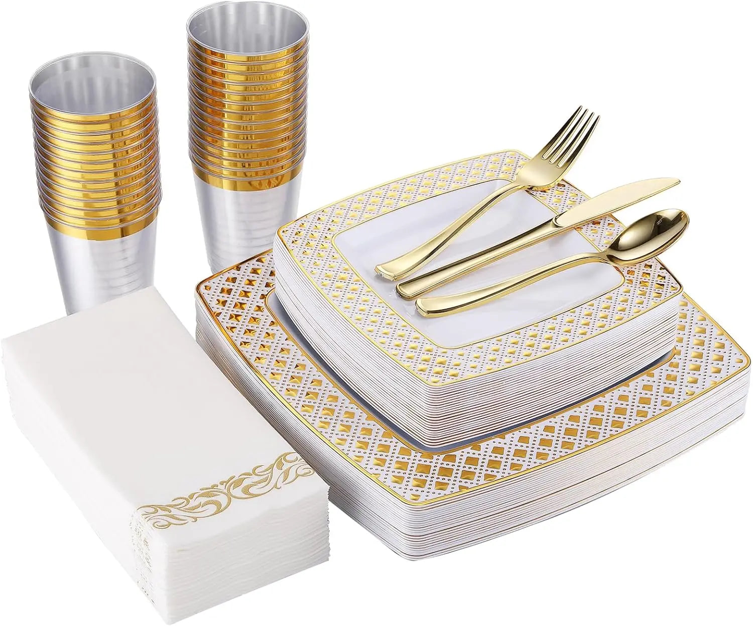 Cravinc 175-Piece Disposable Dinnerware Set for 25 Guests, Plastic Plates, Silverware, Cups, Napkins