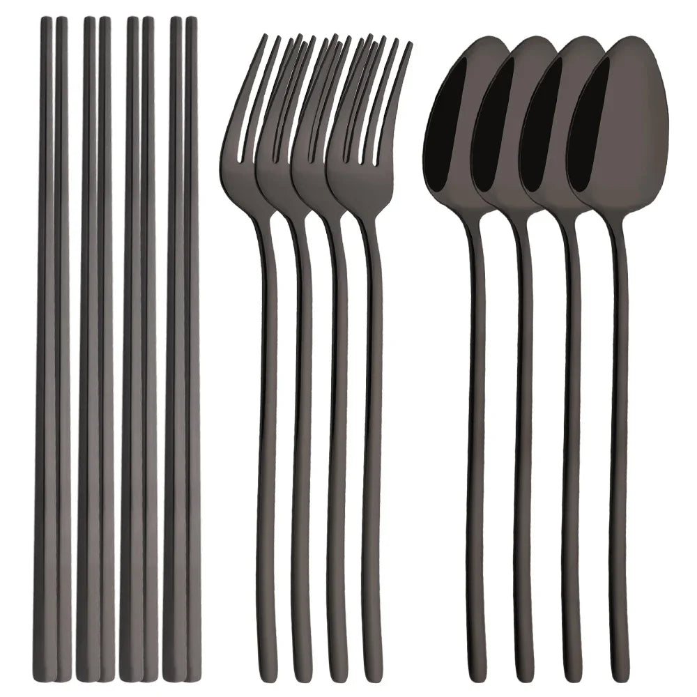 Cravinc 12Pcs Luxury Stainless Steel Cutlery Set in Mirror Black Silver