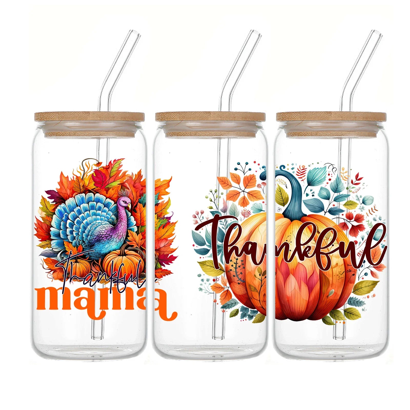 Cravinc 16oz Printed Glass Tumbler with Lid & Straw - Perfect Mother's Day & Thanksgiving Gift