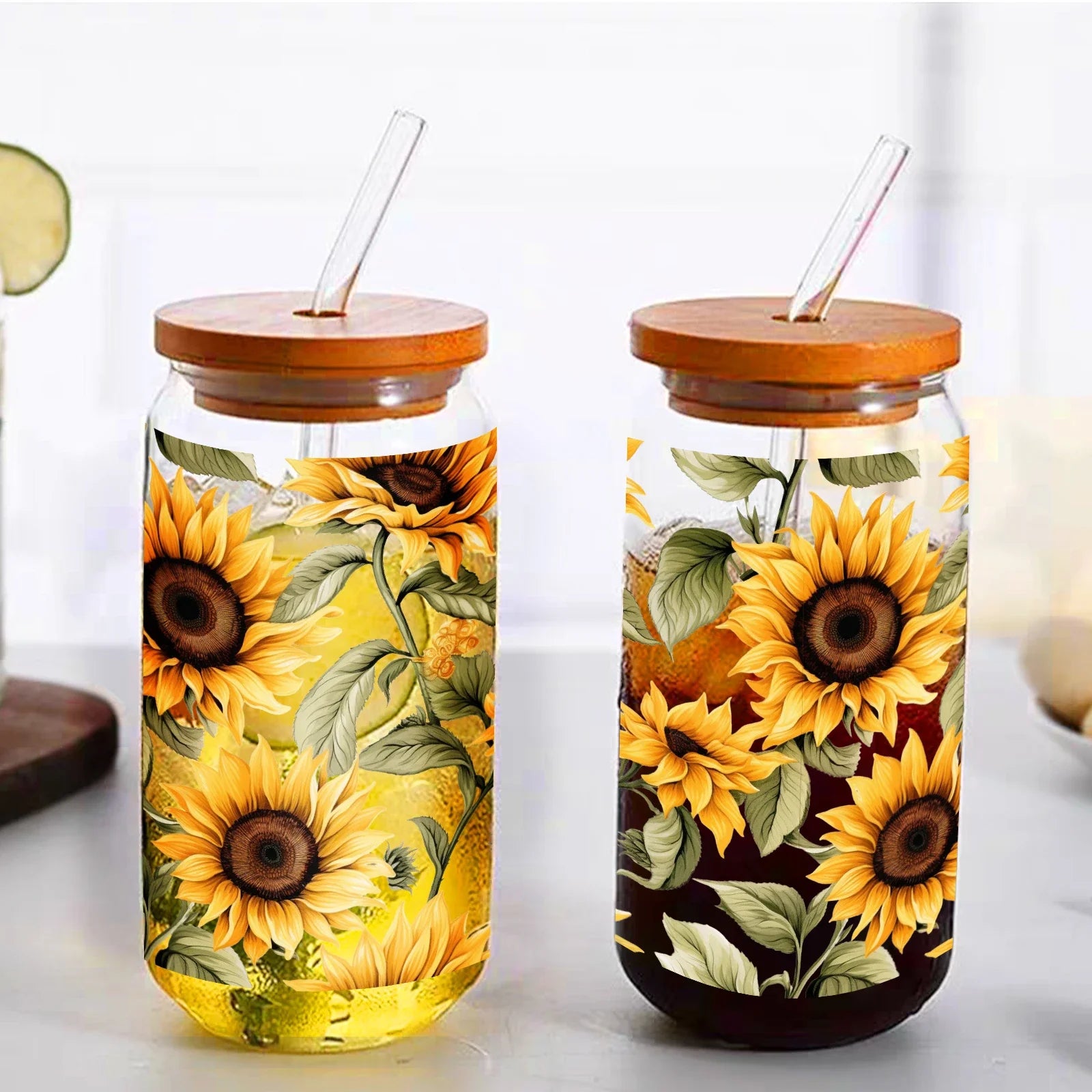 Cravinc 16oz Sunflower Pattern Glass Mason Jar with Bamboo Lid & Straw