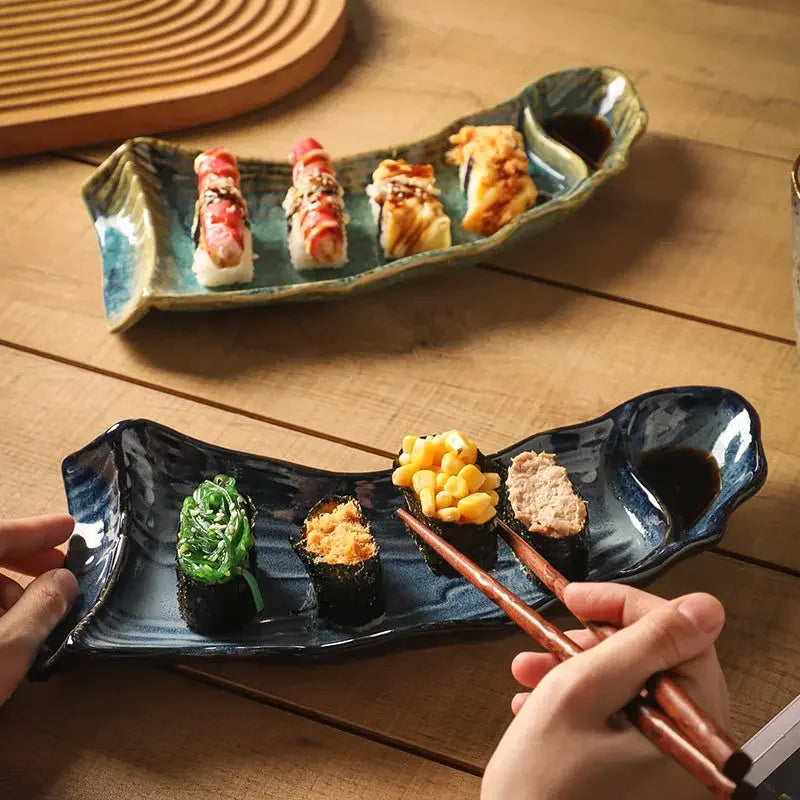 Cravinc 12-Inch Kiln Glaze Sushi Plate - Japanese Ceramic Tableware for Creative Sushi Display