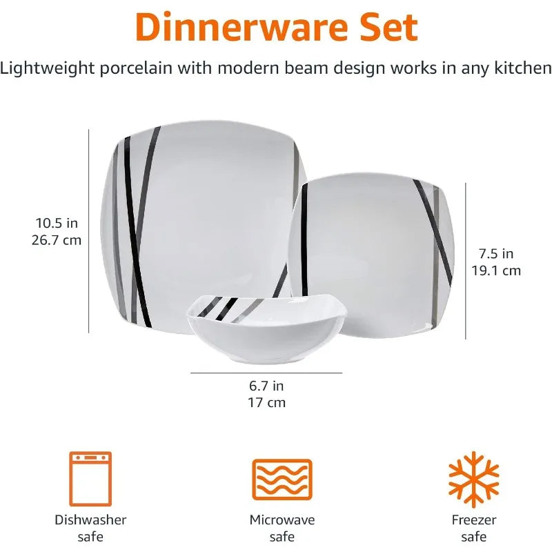 Cravinc 18-Piece Modern Beams Dinnerware Set - Service for 6 - Square Plates and Bowls