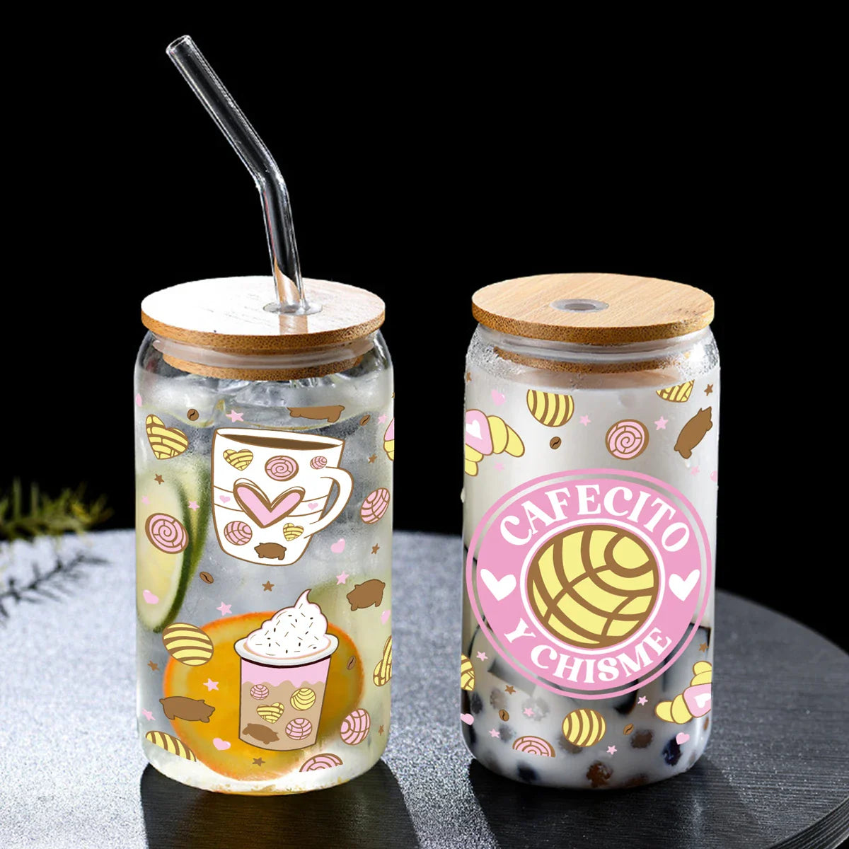 Cravinc 16oz Sublimation Glass Bottle with Bamboo Lid & Straw: Cute Printed Drinkware