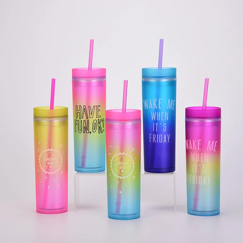 Cravinc 16oz Rainbow Gradient Skinny Tumbler with Straw