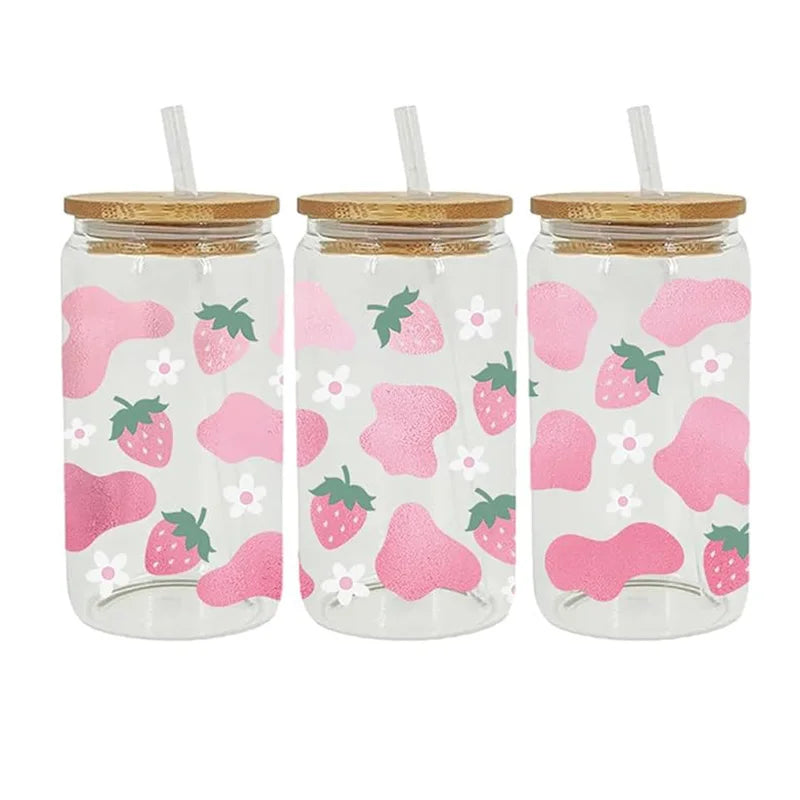 Cravinc 16oz Strawberry Clear Glass Can with Bamboo Lid & Custom Sticker