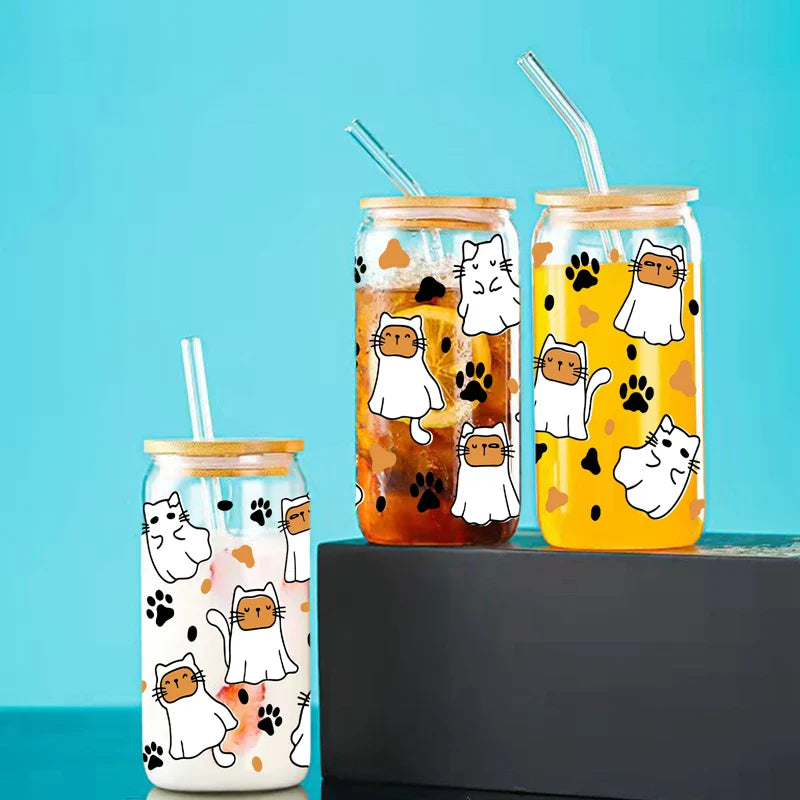 Cravinc 16oz Cute Cat Glass Mason Can with Bamboo Lid & Straw, Halloween Gifts