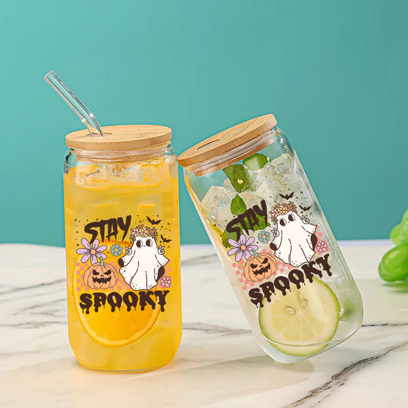 Colorful Ghost Pumpkin 16oz Glass Water Bottle with Bamboo Lid & Straw - Cravinc Halloween Gift