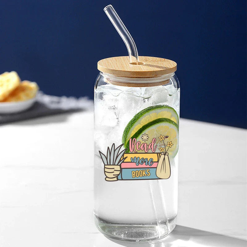 Cravinc 16oz Glass Can with Lid and Straw - Library Lover's Summer Cup