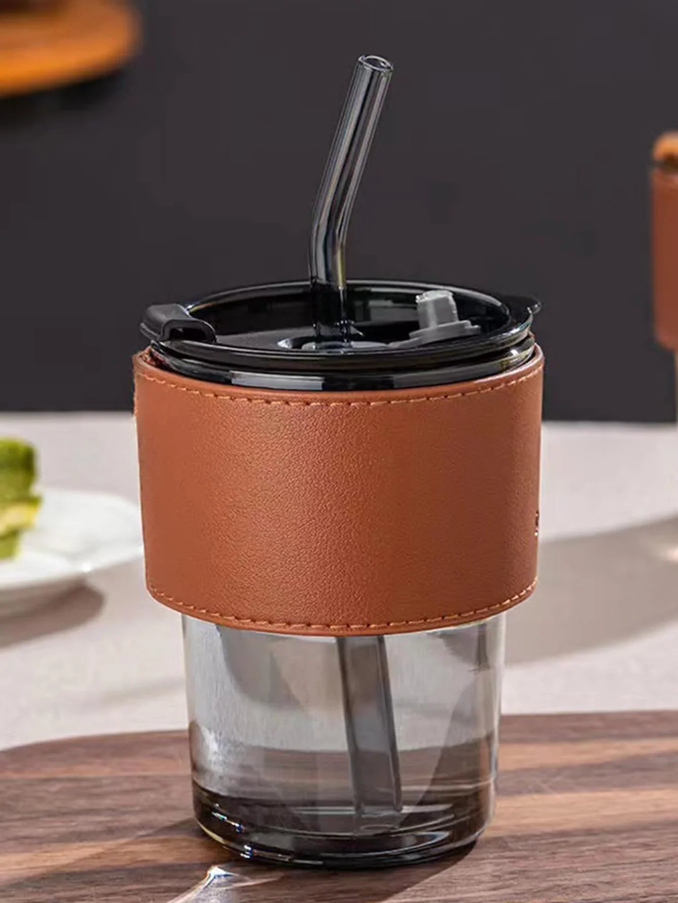 Cravinc 14 oz Glass Cups with Lids and Straws - Leather Sleeve for Iced Drinks