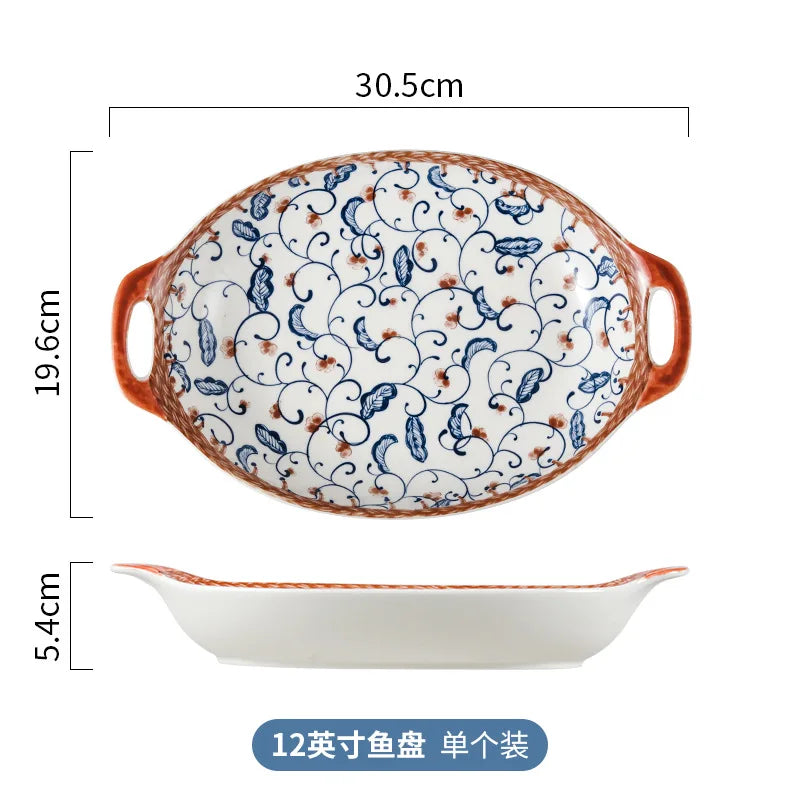 Cravinc 12-Inch Ceramic Double-Ear Fish Plate, Household Steamed Fish Dish, Large-capacity Tray