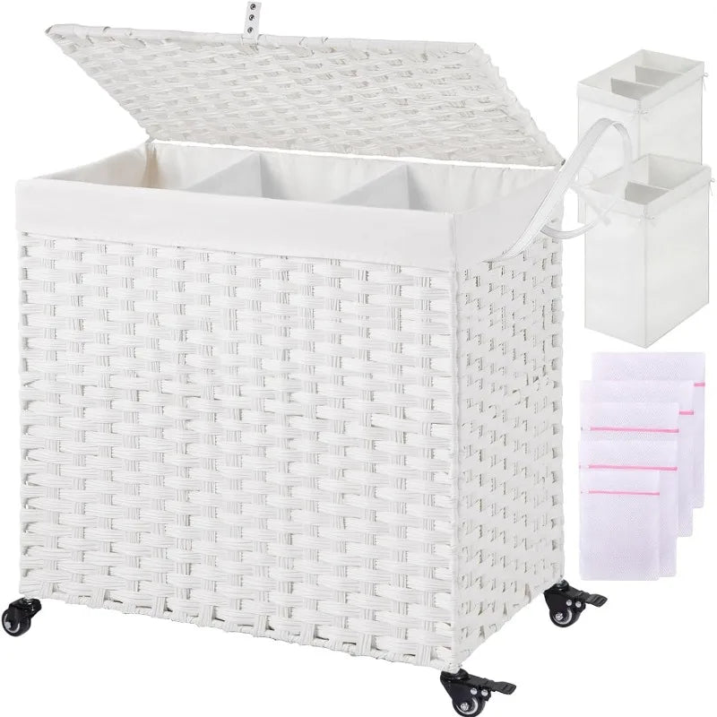 Cravinc 125L Large 3-Section Laundry Hamper with Wheels, Lid, and Removable Liner Bags